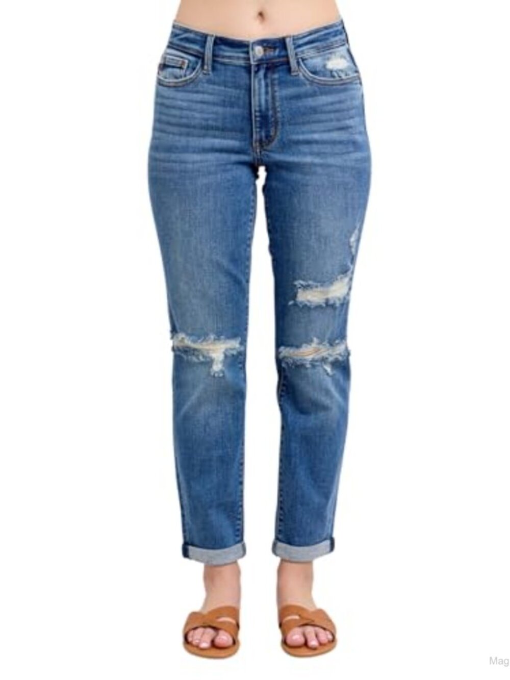 Mid Rise Vintage Wash Destroy Boyfriend Jeans Distressed Rolled Cuff